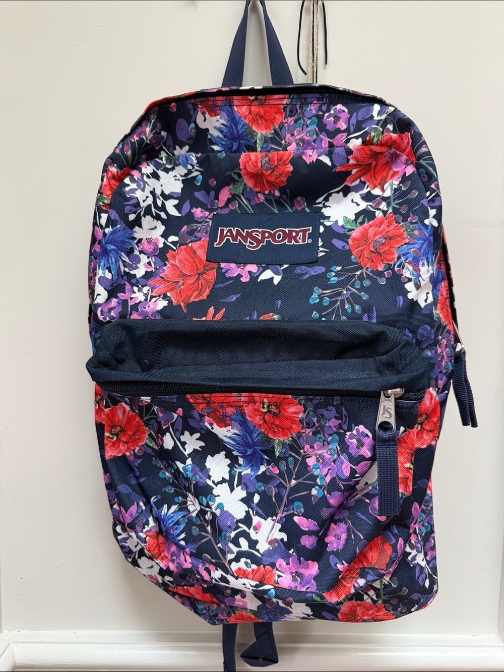 JanSport Navy Floral Backpack with Red & Purple Blooms